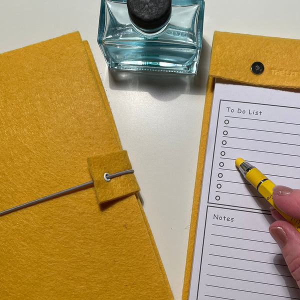 A5 Bright Yellow Felt Refillable desk notepad - with lined paper tear off insert
