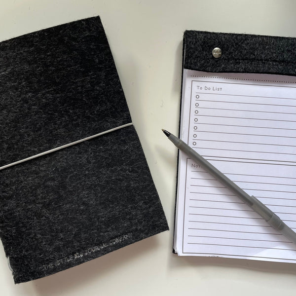 A5 Charcoal Grey Felt Wrap Refillable Journal Notebook - with 2 plain paper notebooks