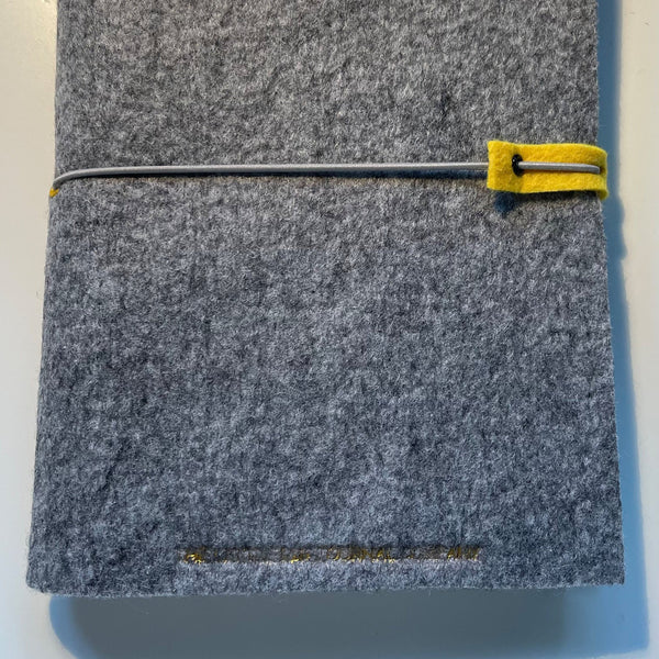 A5 Silver Grey Felt Wrap Refillable Journal Notebook - with yellow accents & 2 plain paper notebooks