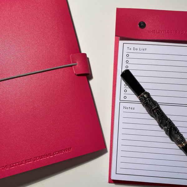 A5 Bright Pink Faux Leather Refillable desk notepad - with lined paper tear off insert