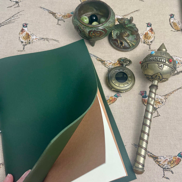 A5 Dark Green Faux Leather Wrap Refillable Journal Notebook - with plain pages inserts.