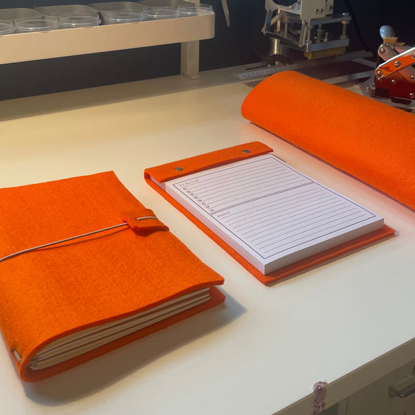 A5 felt wrap journal notebook and matching desk notepad refillable with tear off pages
