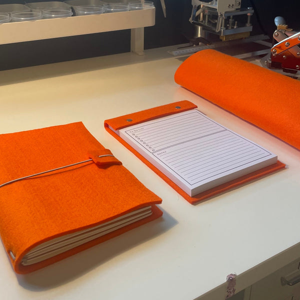 A5 Bright Orange Felt Refillable desk notepad - with lined paper tear off insert