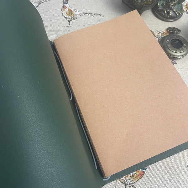 A5 Dark Green Faux Leather Wrap Refillable Journal Notebook - with plain pages inserts.