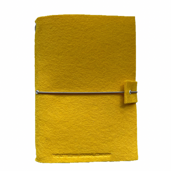 Bright yellow A5 felt journal with elastic strap to hold everything together