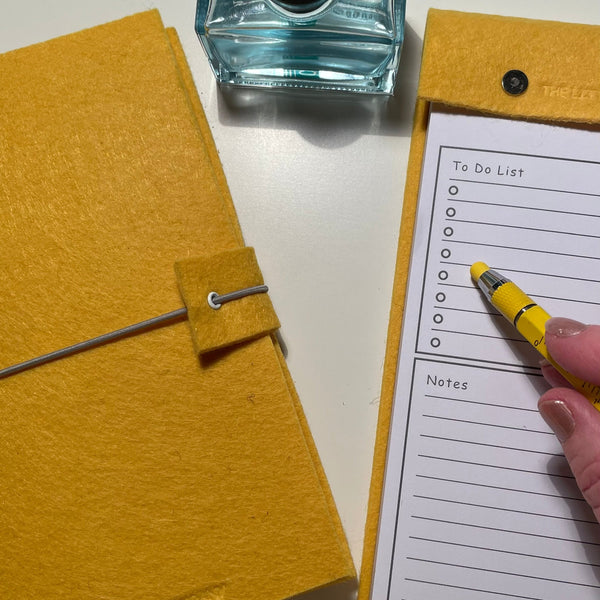 Bright yellow felt refillable journal and matching tear off notepad