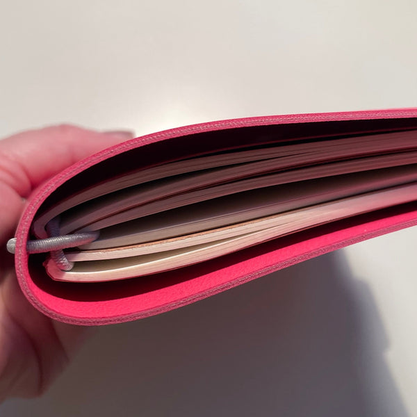 A5 Bright Pink Faux Leather Wrap Refillable Journal Notebook - with 2 plain paper notebooks