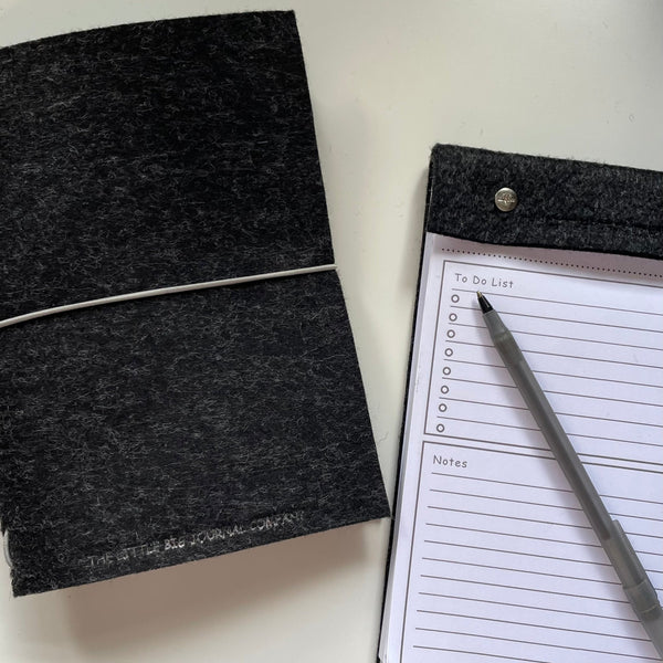 A5 Charcoal Grey Felt Wrap Refillable Journal Notebook - with 2 plain paper notebooks