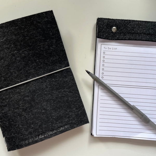 Charcoal grey A5 felt wrap and desk notepad with pen