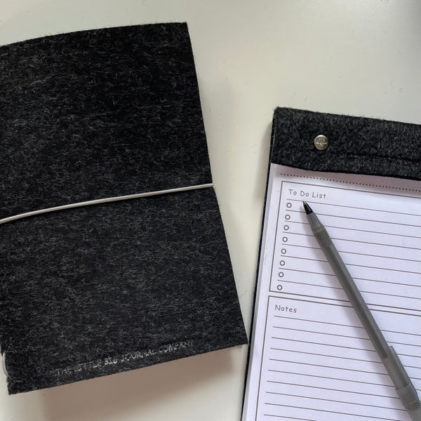 Charcoal grey felt wrap journal and matching desk notepad