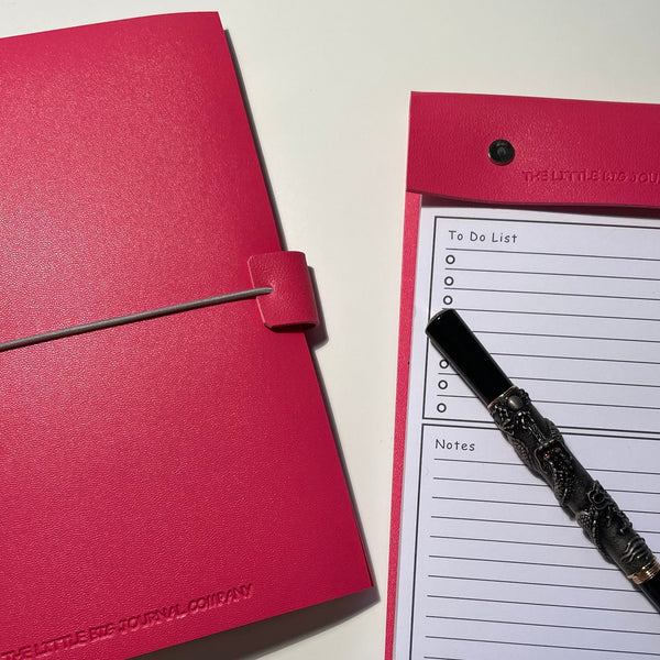 A5 Bright Pink Faux Leather Wrap Refillable Journal Notebook - with 2 plain paper notebooks