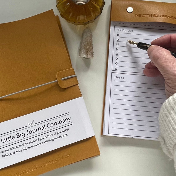 A5 Mustard Yellow Vegan Leather Refillable desk notepad - with lined paper tear off insert