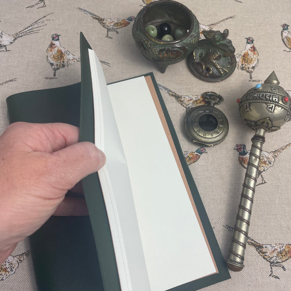A5 Dark Green Faux Leather Wrap Refillable Journal Notebook - with plain pages inserts.