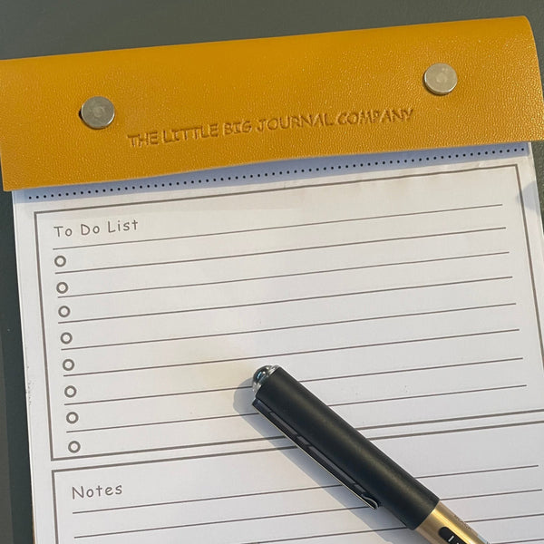 A5 Mustard Yellow Vegan Leather Refillable desk notepad - with lined paper tear off insert