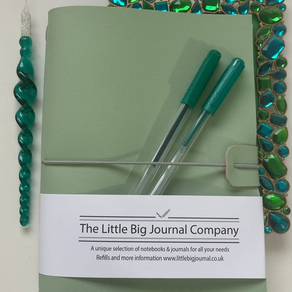 A5 Mint Green Faux Leather Wrap Refillable Journal Notebook - with 2 plain paper notebooks