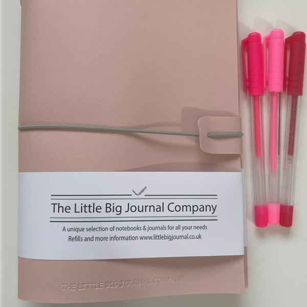 A5 Soft Pink Faux Leather Wrap Refillable Journal Notebook - with 2 plain paper notebooks