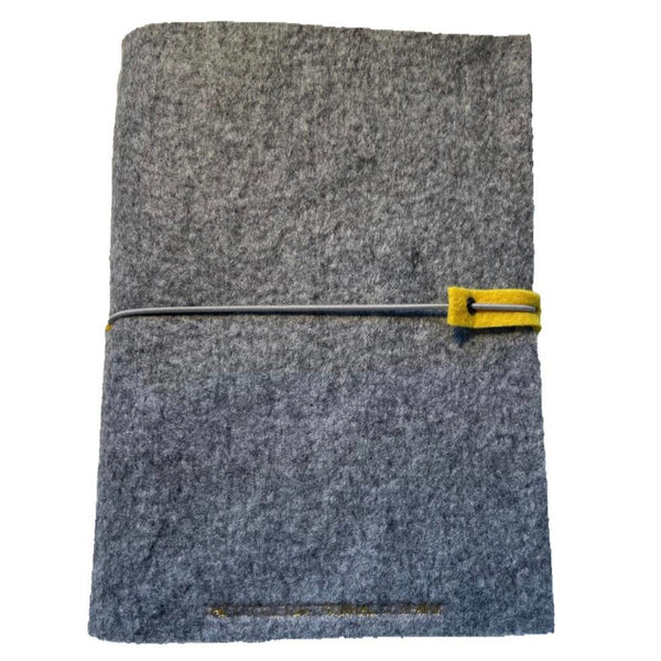 Silver grey A5 felt wrap notebook with yellow highlights