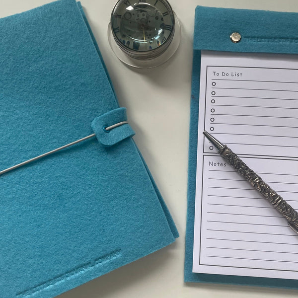 blue felt journal and matching tear off desk notepad
