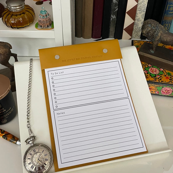 mustard yellow faux leather desk notepad with tear off pages, refillable notes and to do list pages
