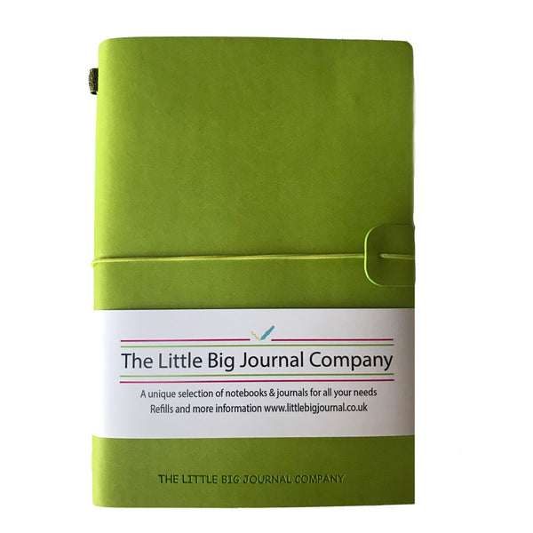 Green A5 faux leather journal, refillable to hold up to 3 notebooks. Elastic strap holds the contents secure