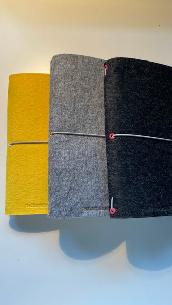 Silver Grey Felt Wrap A5 Refillable Journal Notebook - Silver grey with yellow accents & 2 plain paper notebooks