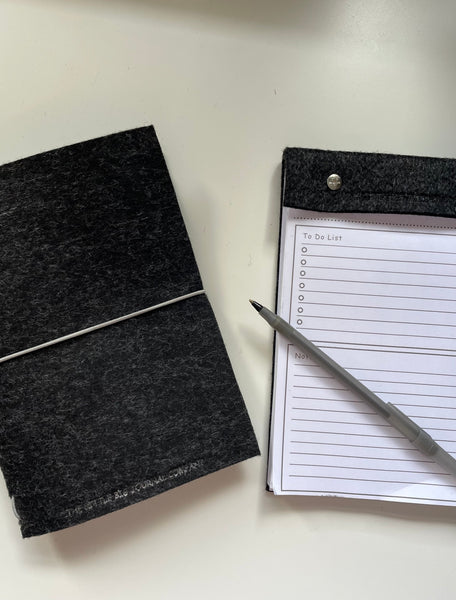 Charcoal Grey Felt Wrap A5 Refillable Journal Notebook - Charcoal grey with 2 plain paper notebooks