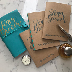 Team groom journal showing 3 inserts with personalised writing
