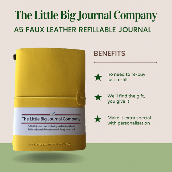 A5 Bright Yellow Faux Leather Wrap Refillable Journal Notebook - with plain pages inserts