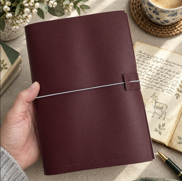 A hand holds a burgundy leather journal with a thin elastic closure band. The journal features debossed branding at the bottom that reads 'THE LITTLE BIG JOURNAL COMPANY'.