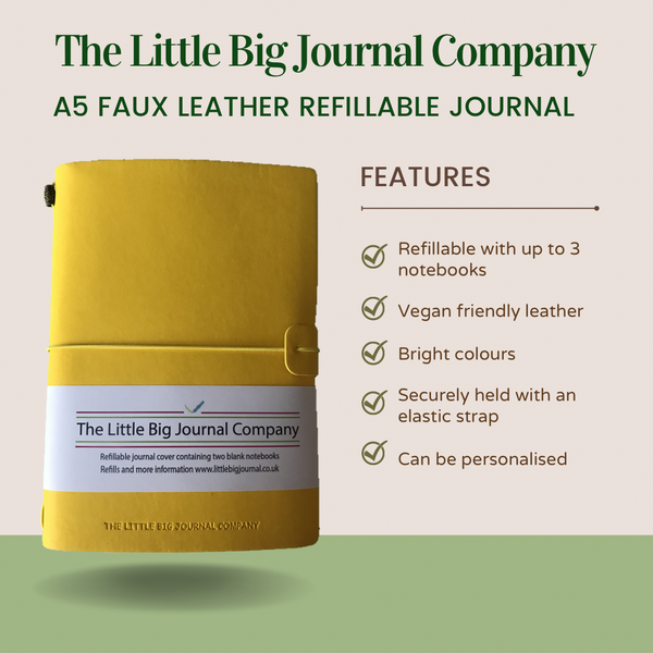 A5 Bright Yellow Faux Leather Wrap Refillable Journal Notebook - with plain pages inserts