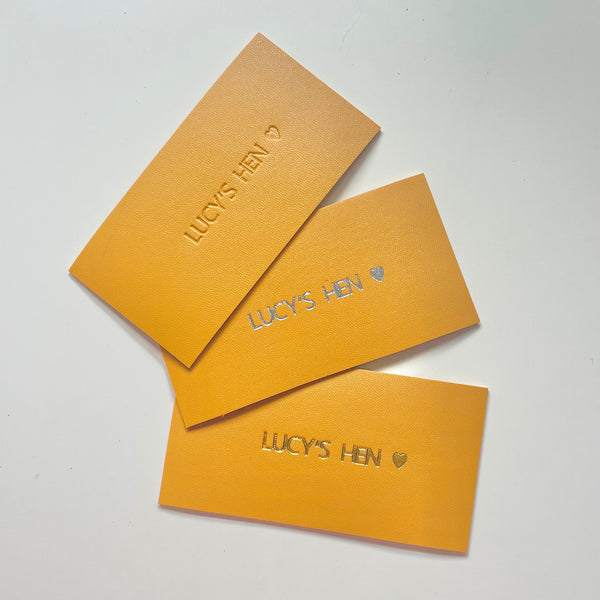 Personalisation available, image showing examples of embossing, silver embossing and gold embossing