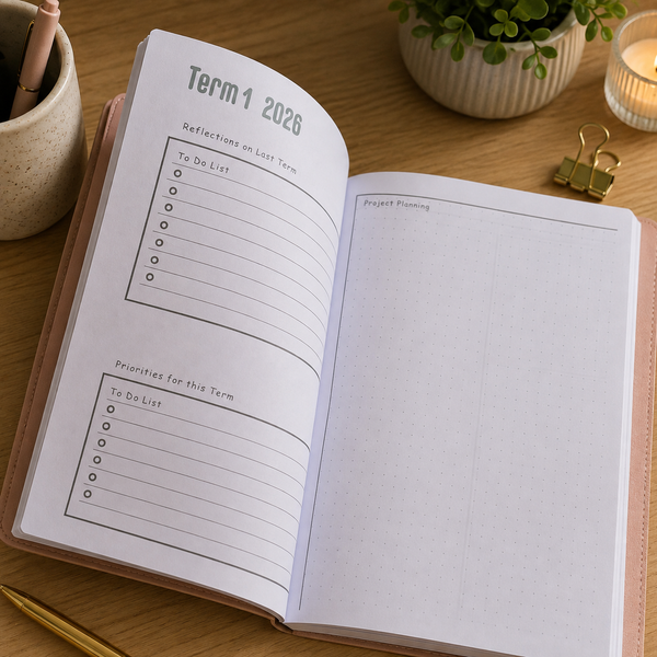 An open planner or journal on a wooden desk showing a Term 1 2025 reflection page on the left and a blank 'Project Planning' page on the right, surrounded by desk accessories including a candle, plant, binder clips, and a gold pen.