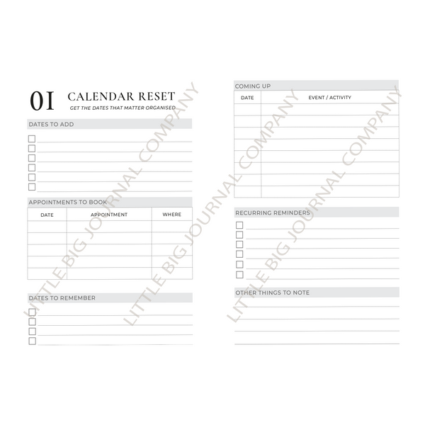 A digital preview of a 'Calendar Reset' notepad page from Little Big Journal Company, featuring sections for dates to add, appointments to book, recurring reminders, dates to remember, coming up, and other things to note on a white background with a faint watermark.