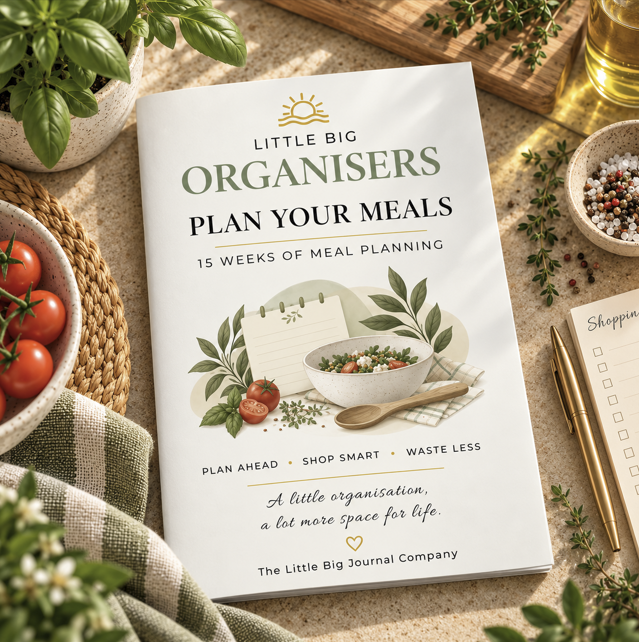 An insert titled 'Little Big Organisers: Plan Your Meals' lies on a styled tabletop surrounded by basil, tomatoes, peppercorns, a gold pen, and a notebook. The cover is white with green and gold typography and illustrated food-and-plant motifs.
