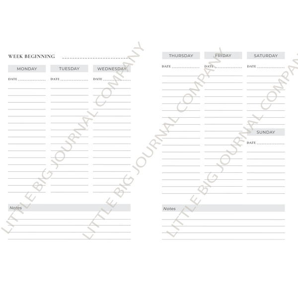 A double-column weekly planner page layout with labeled sections for Monday through Sunday, date lines, and a notes section, shown on a white background with a diagonal 'LITTLE BIG JOURNAL COMPANY' watermark.