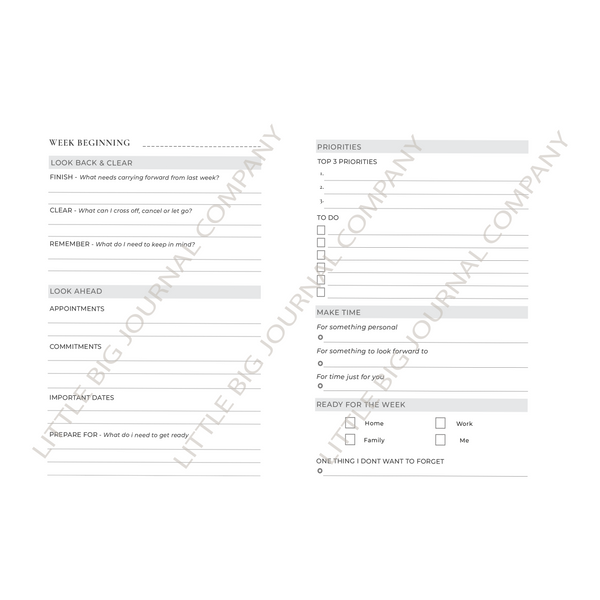 A weekly planner checklist template with printed sections for week review, priorities, to-do list, appointments, commitments, important dates, make time, and ready for the week, shown on a white background with a faint diagonal watermark.