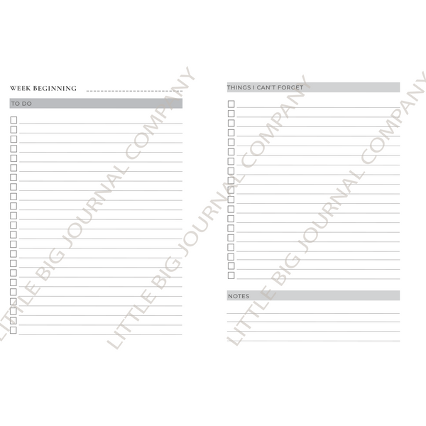 Two-page weekly planner spread from Little Big Journal Company, featuring a 'To Do' section on the left and a 'Things I Can't Forget' plus notes section on the right, with gray headers and checkboxes on a white background.